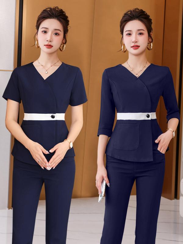 作業服 レディース 綿麻 七分袖 Vネック 吸湿速乾 ロングパンツ セット 美容師 産後ケア 母子看護 ヘッドスパ リラクゼーション オールシーズン ユニフォーム ワークウェア 快適 軽量