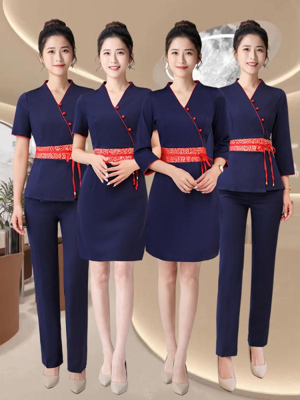 仕事着 美容師 レディース 夏 半袖 中袖 ワンピース パンツセット 足浴 足療法 技師 お灸 養生 産後 ケア 紺 浅紫 水色 ポリエステル スパンデックス イージーケア ポケット 上品
