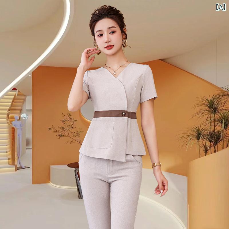 作業服 レディース 美容室 技師用 Vネック トップス ロングパンツ セット 吸湿速乾 リネン混 ストレッチ オールシーズン ベージュ ネイビー 七分袖 ウェルネス館 理療師 産後ケア
