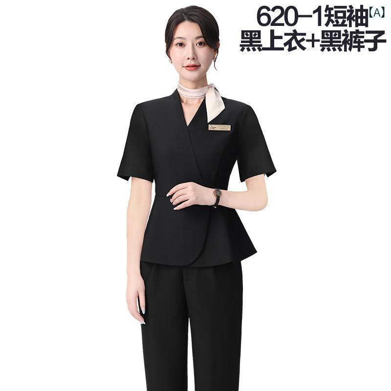 制服 レディース 美容室 受付 ホテル サービス スキンケア 秋冬 Vネック 半袖 七分袖 トップス ロングパンツ タイトスカート セット 吸湿速乾 ポリエステル 黒 白