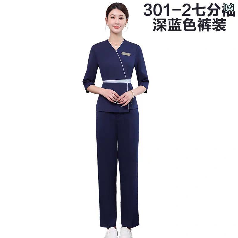 作業服 レディース 美容師 技師服 シンプル スリム Vネック 七分袖 セット ポリエステル 吸湿速乾 美容院 美甲 足浴 養生館 オールシーズン 深藍 白