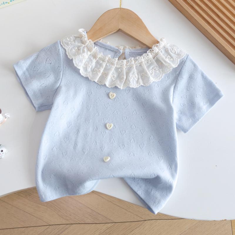 キッズ 女の子 夏物 綿 コットン 半袖 ツーピース セットアップ ブルー レース トップス ホワイト かぼちゃパンツ バルーンパンツ かわいい おしゃれ ガーリー