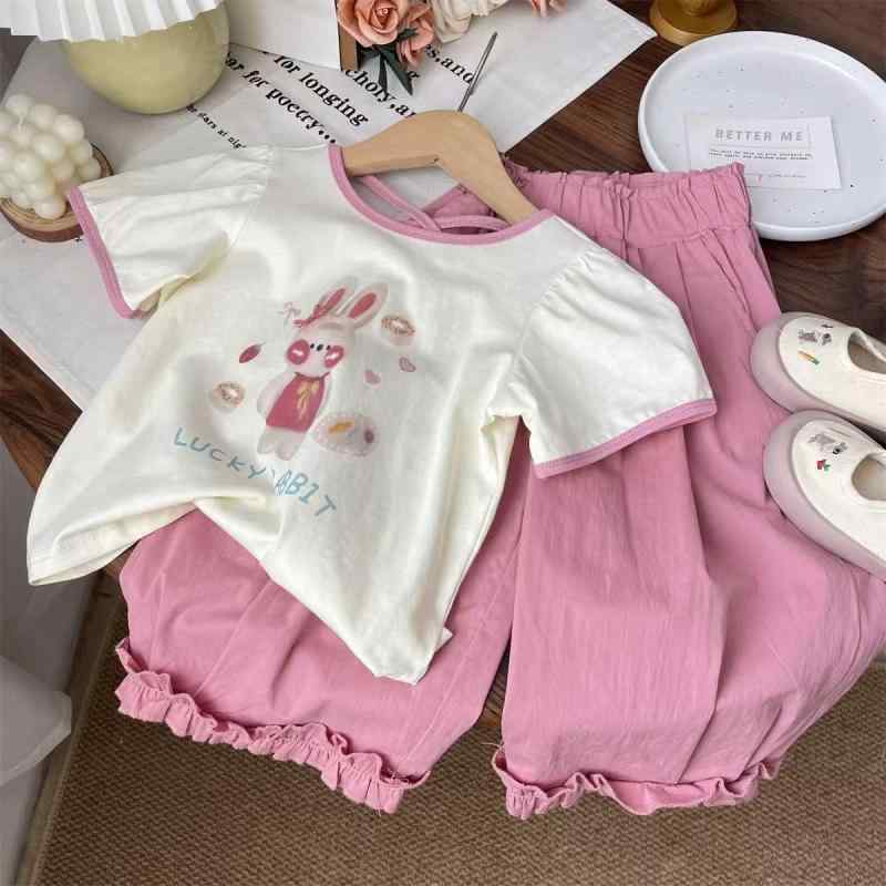ベビー服 女の子 春夏 半袖 Tシャツ セットアップ ワイドパンツ 2点セット うさぎ キャラクター アニマル柄 フリル メロウフリル かわいい キュート 綿 コットン 薄手 柔らか素材 韓国 普段着 お出かけ ルームウェア