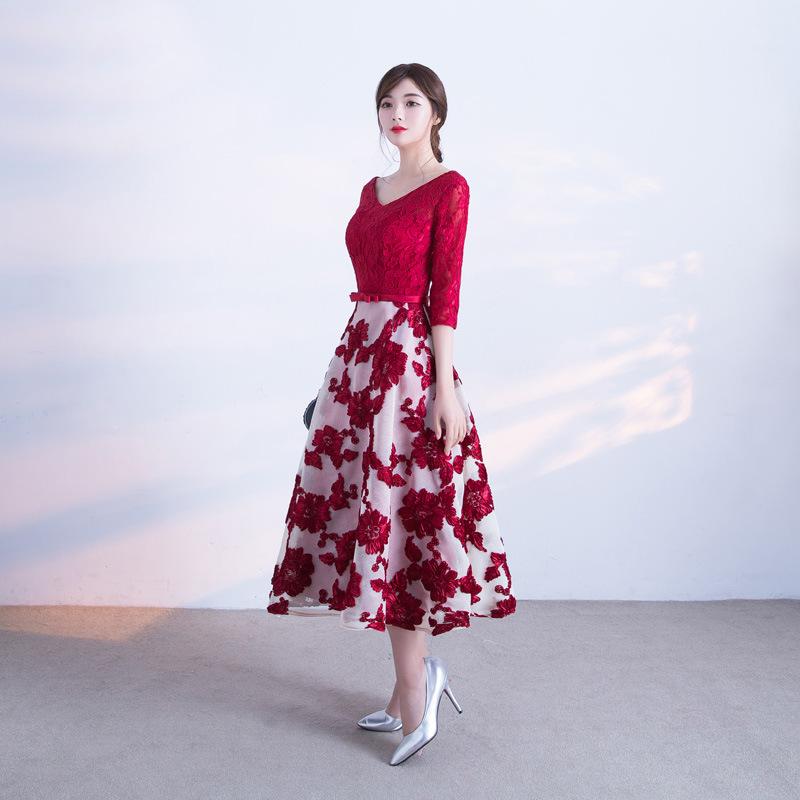 結婚式ドレス レディース 冬 ワインレッド Vネック 3/4袖 レース ハイウエスト プリンセスライン ロングスカート ポリエステル 細身 パーティー 宴会