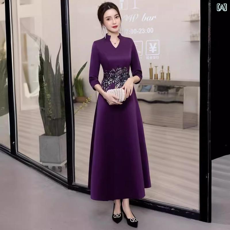 ワンピース レディース 紫 Aライン ロングドレス 半袖 スタンドカラー ラウンドネック ウエストマーク リボン ポリエステル 宴会用 エレガント フォーマル 会社パーティー 春夏 軽量 伸縮性