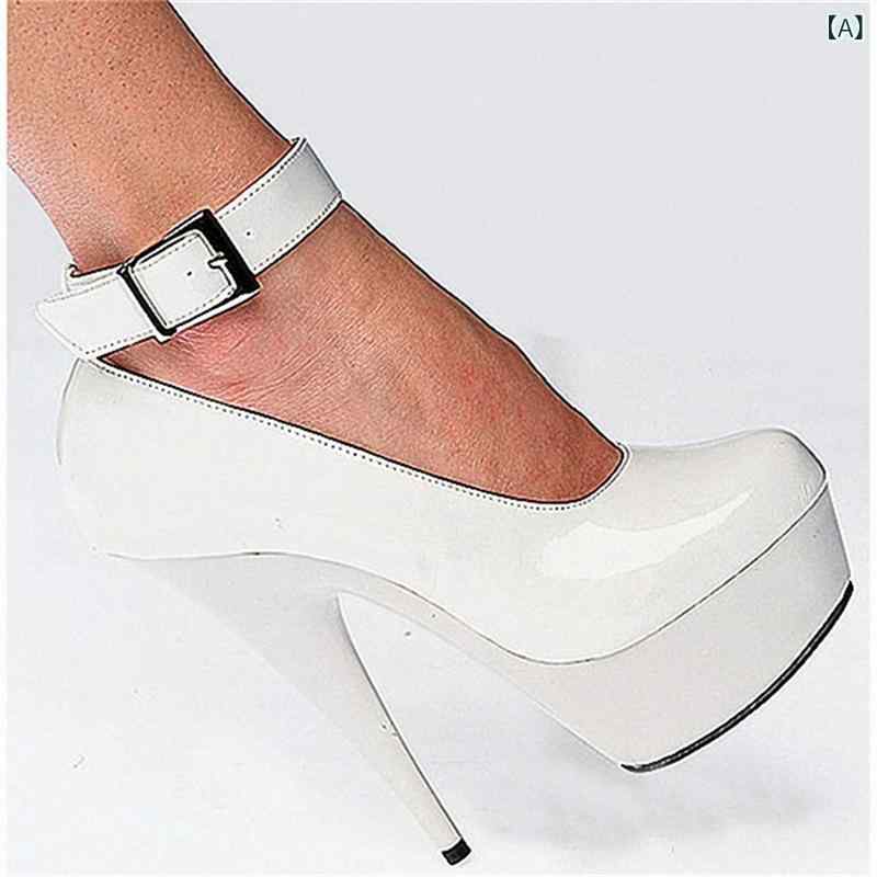 パンプス レディース 細踵 ラウンドトゥ 真四角バックル 華燭の典 寄りあい 超ハイヒール プラットホーム 練りあわせる革 豚革上昇限度 アンクル丈 春 白 赤 黒