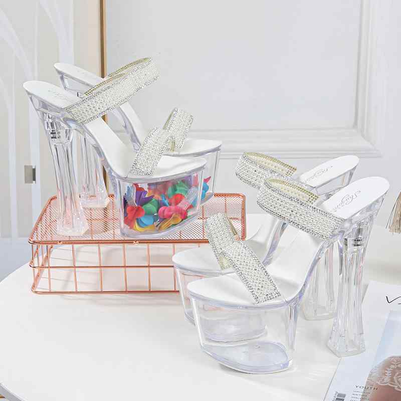 サンダル レディース 透明 17cm ハイヒール チャンキーヒール 防水 プラットフォームソール パール 装飾 ストラップ ラウンドトゥ 夏 白 PVC 素材 セクシー ガーリー 屋外用 ビーチ