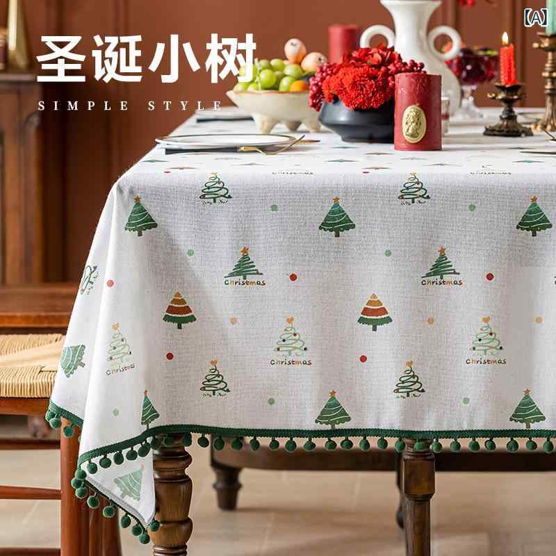テーブルクロス クリスマス ツリー柄 綿麻風 長スクエア 家庭用 ダイニングテーブル ティーテーブル 透気 防滑 静音 耐摩耗 防塵 折りたたみ 美化装飾 アメリカンスタイル 植物花卉