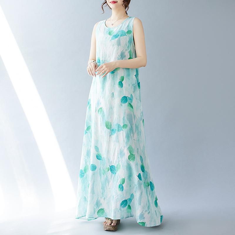 ワンピース レディース ボヘミアン ロング ノースリーブ キャミ プリント 花柄 植物柄 綿素材 夏用 ライトブルー Aライン ルーズフィット レトロ カジュアル 快適 普段使い おしゃれ かわいい