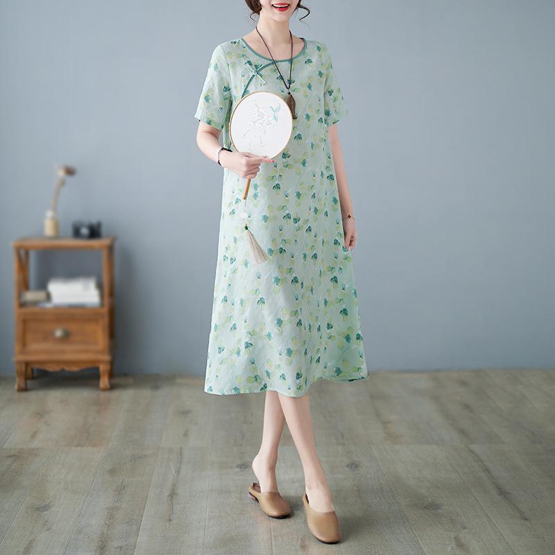 チャイナドレス レディース レトロ風 文芸風 エスニック風 綿麻 夏 ゆったり 大きめ Aライン 半袖 ラウンドネック ミドル丈 小花柄 淡緑 快適 カジュアル プリント 柄 トップス ワンピース スカート スタイル インナー レイヤード