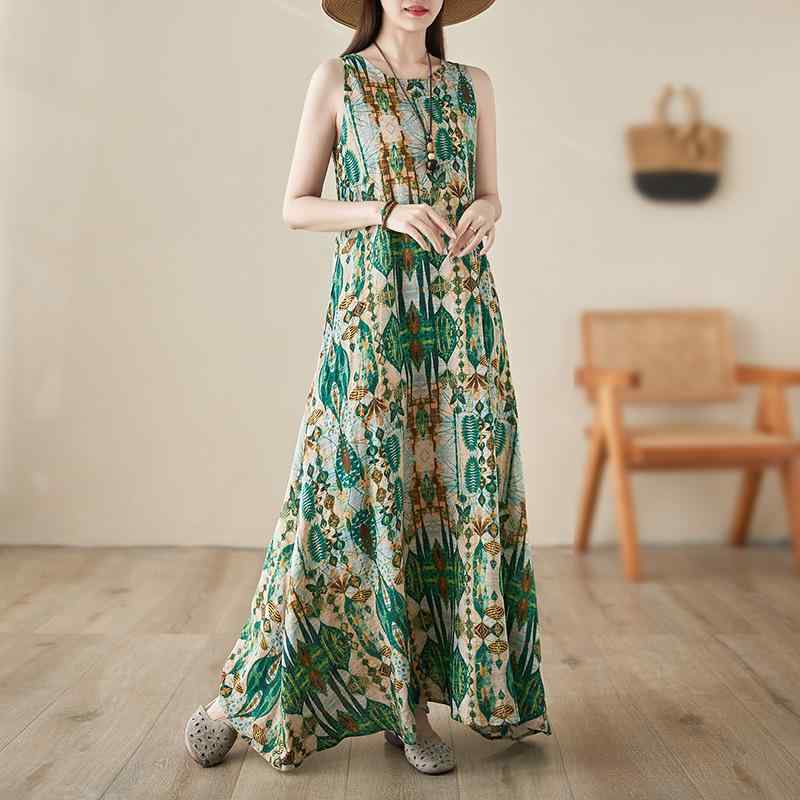 ワンピース レディース 夏 ボヘミアン レトロ ロング ノースリーブ ラウンドネック Aライン 花柄 プリント コットンリネン ゆったり プラスサイズ 緑 カジュアル 快適
