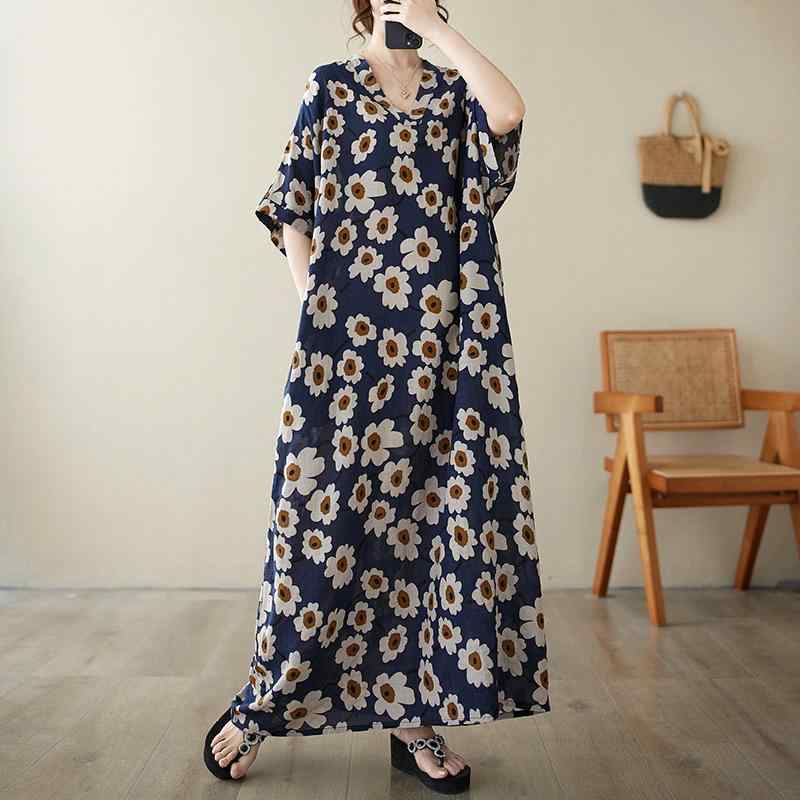 ワンピース レディース 夏 ゆったり Vネック 半袖 Aライン ロング コットン リネン 花柄 ブルー 大きいサイズ ボヘミアン レトロ風 ビーチドレス 体型カバー 快適 カジュアル