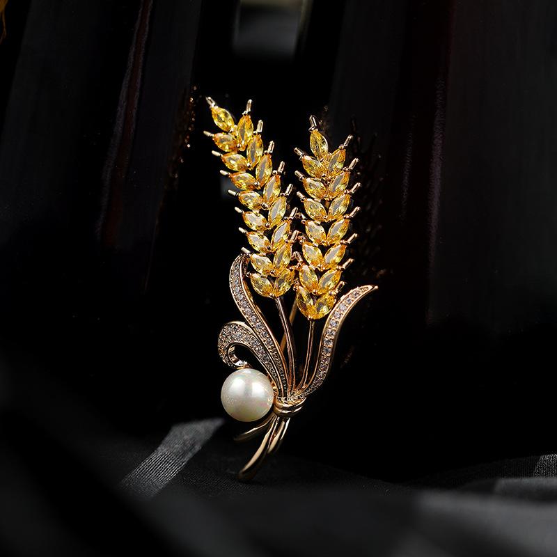 ブローチ メンズ レディース 麦の穂 金 パール ジルコニア 高級感 ファッション アクセサリー 通勤 OL スタイル 植物 花卉 モチーフ 銅 電気メッキ加工