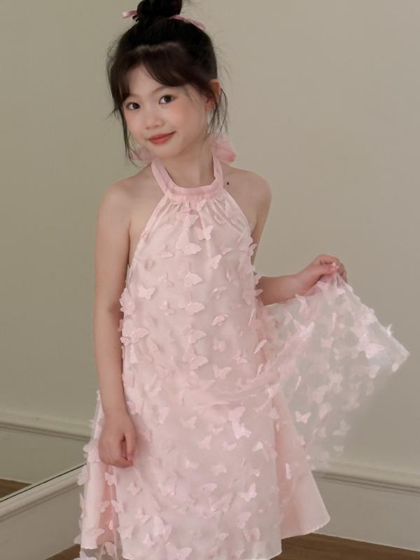 女の子 ワンピース プリンセス 夏 ピンク コットン Aライン ホルターネック 背中開き 立体蝶 チュール かわいい リゾート フェアリー ドレス 甘美 バケーション スタイル