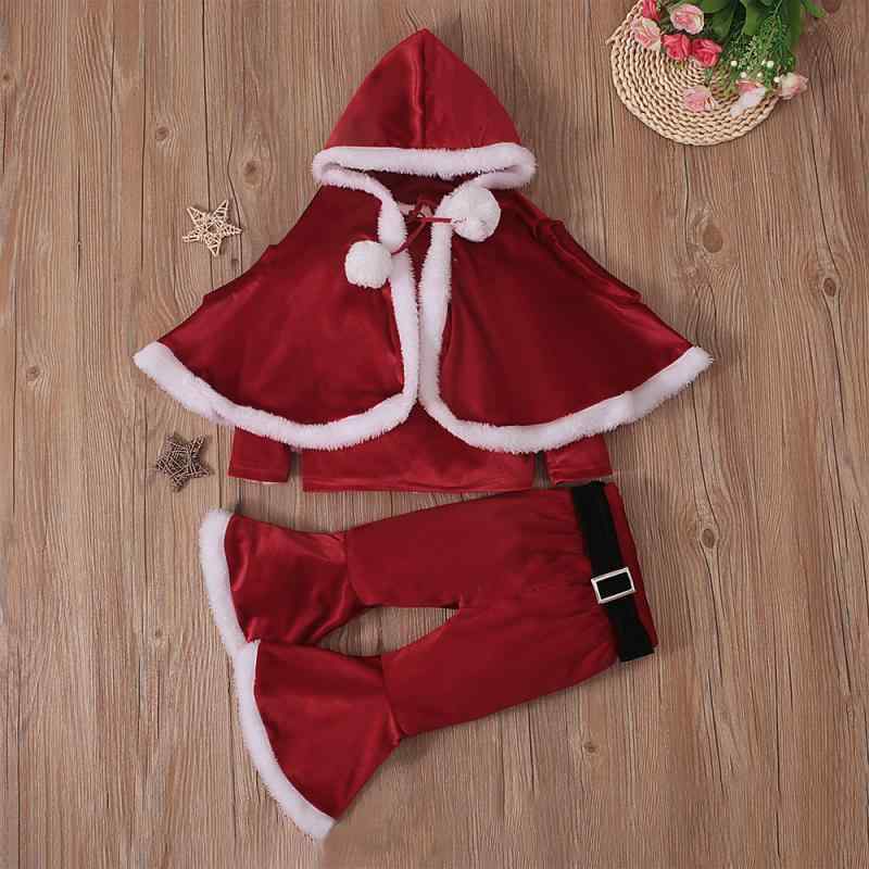長袖フードトップス 女の子 フレアロングパンツ ケープ セット 秋冬 クリスマス 赤 無地 コットン 欧米スタイル かわいい キッズ 普段使い お出かけ パーティー