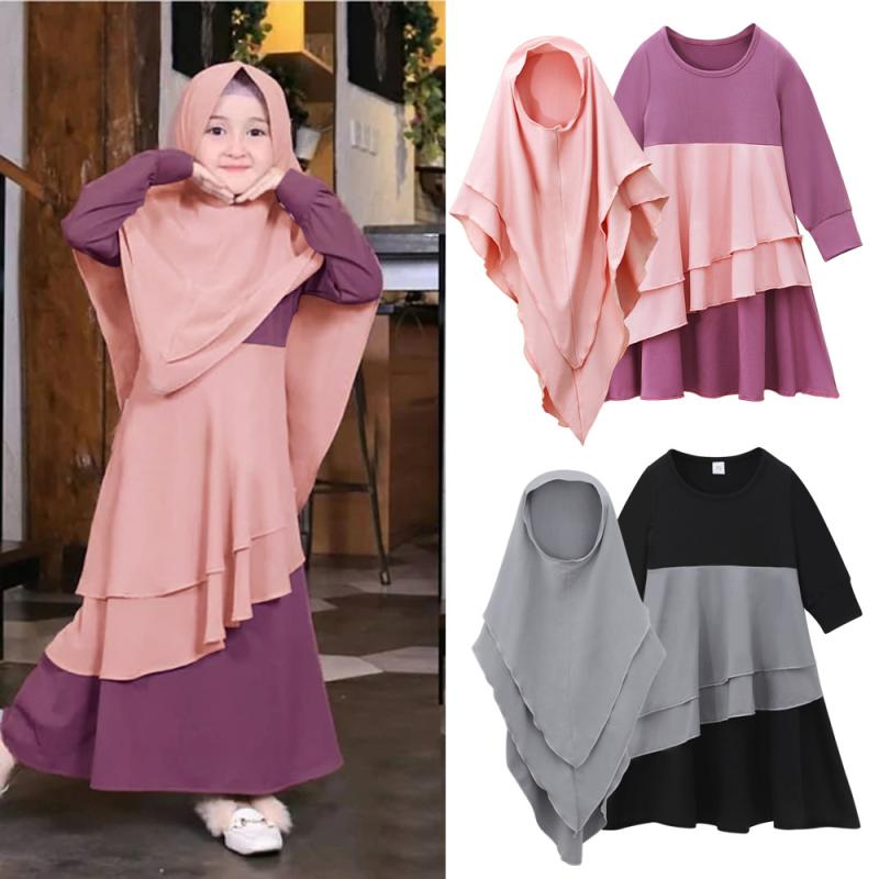 ワンピース 女の子 長袖 切り替え フリル 綿 黒 紫 ヘッドスカーフ セット エスニック 秋冬 かわいい キッズ 普段使い