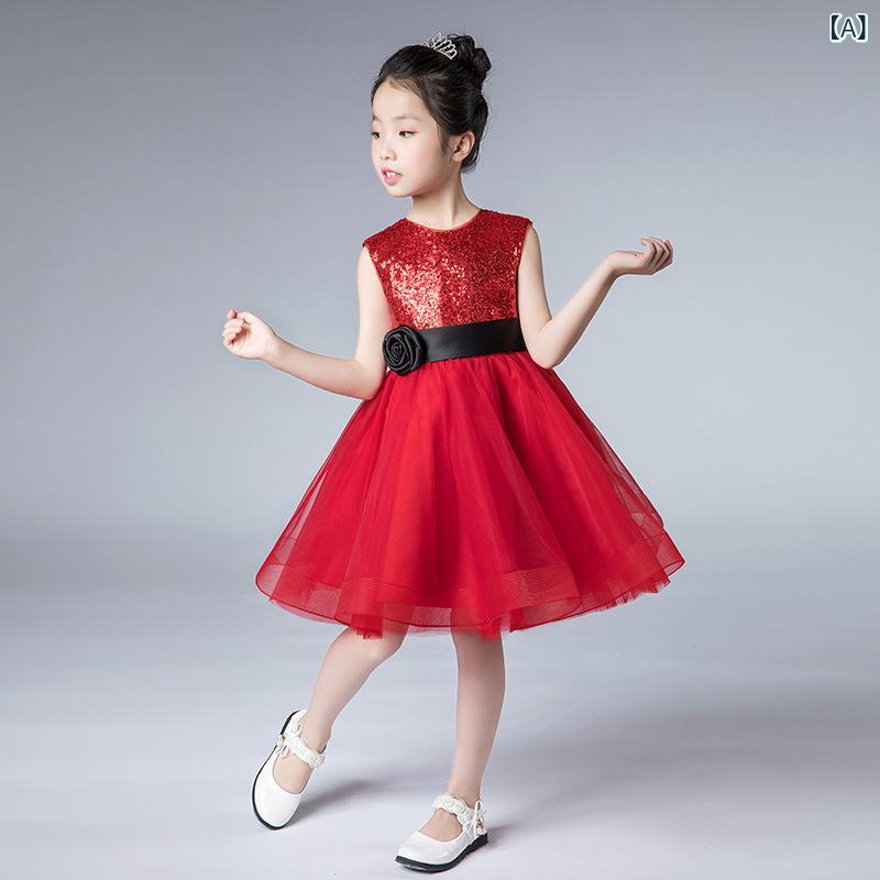 ドレス 女の子 プリンセス 秋冬 ステージ パフォーマンス 合唱 ピアノ 歌唱 コンテスト ショート丈 フレア チュール スパンコール 赤 ネイビー ポリエステル 混紡 かわいい 子供用