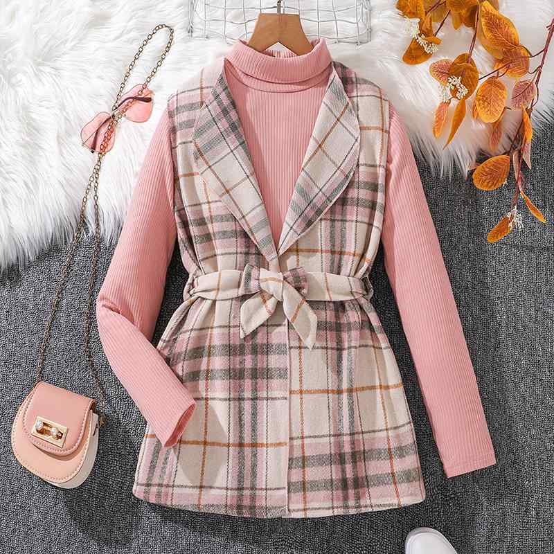 トップス 女の子 ベストジャケット ハイネックTシャツ セット 長袖 リブ ピンク チェック柄 ツートーン ポリエステル 柔らかい素材 ブリティッシュ カジュアル 欧米風 春秋