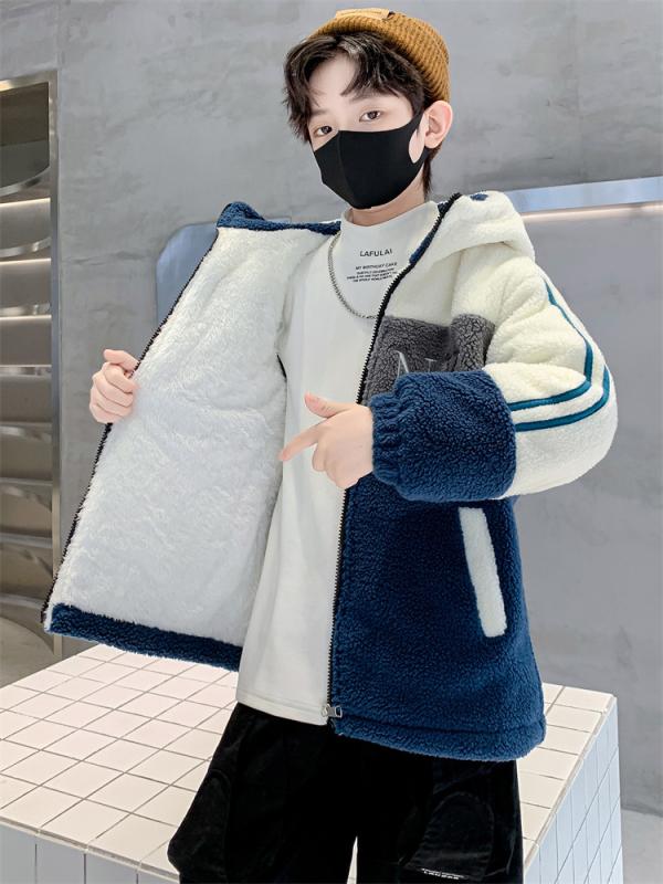 ジャケット 男の子 フード ボア フランネル 裏起毛 長袖 スタンドカラー ジップアップ 秋冬 厚手 ポリエステル混紡 グレー ブルー 中長丈 柔らかい 無地 カジュアル 普段使い