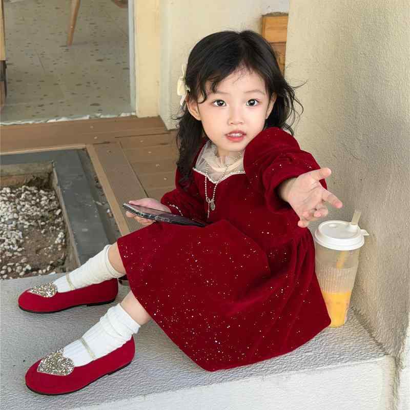 ワンピース 女の子 プリンセススカート 長袖 フレア 秋冬 暖か 厚手 綿 ベルベット 光沢 裏起毛 赤 かわいい キッズ 子供ドレス 普段使い お出かけ服 柔らかい素材 韓国スタイル