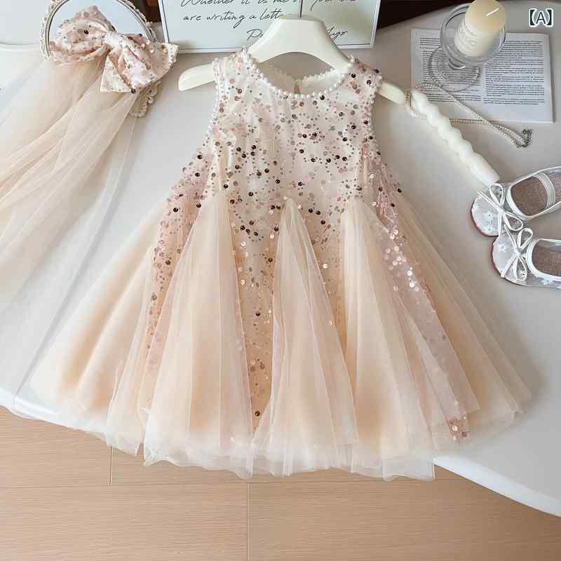 ワンピース 女の子 3~8歳 夏 ノースリーブ プリンセススカート チュールドレス スパンコール かわいい 子供服 パーティー セレモニー フォーマル ポリエステル混紡