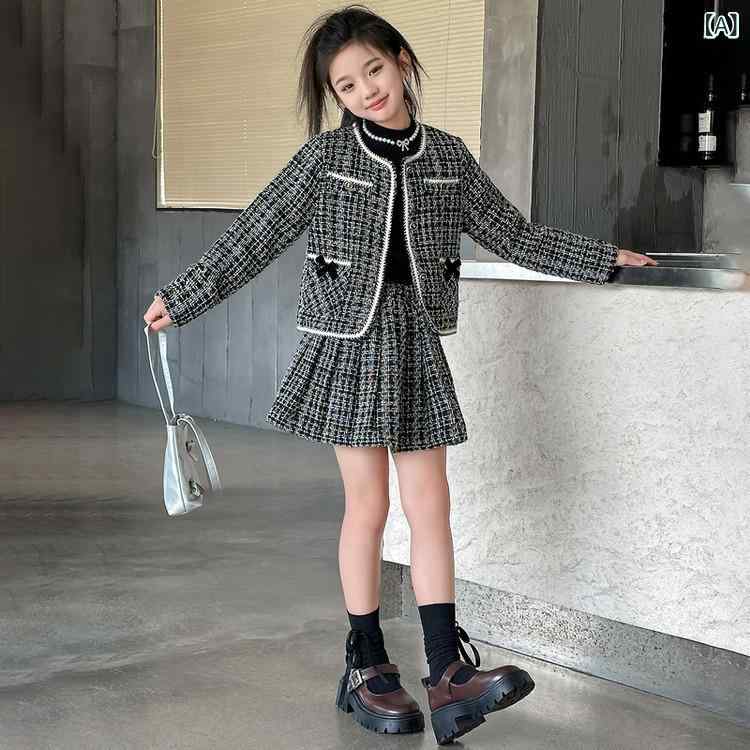 女の子 ジャケット プリーツスカート セット チェック柄 長袖 コットン 秋 黒 白 おしゃれ プリンセス 普段使い 中学生 大学生 柔らかい 生地 普通厚 潮范 スタイル