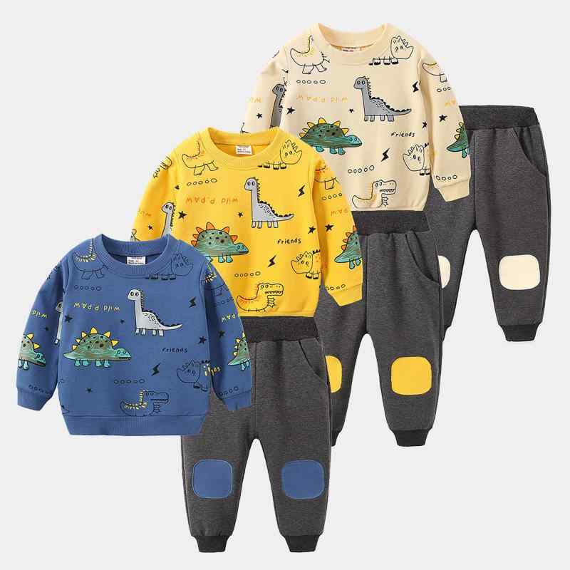 子供服 男の子 長袖 スウェット セット ゆったり カジュアル 綿素材 小動物 プリント かわいい かっこいい カートゥーン 柔らかい 春秋 ブルー ベージュ イエロー
