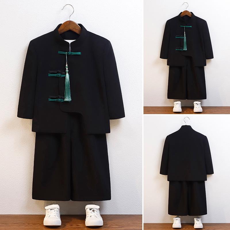 漢服 男の子 中国風 唐装 中山装 盤扣 レトロ ジャケット 長袖Tシャツ 長ズボン タッセル セット 黒 白 灰 春秋 ポリエステル混紡 酵素ウォッシュ 普通厚 斜襟 シングルボタン 中国風 民族スタイル 衣装
