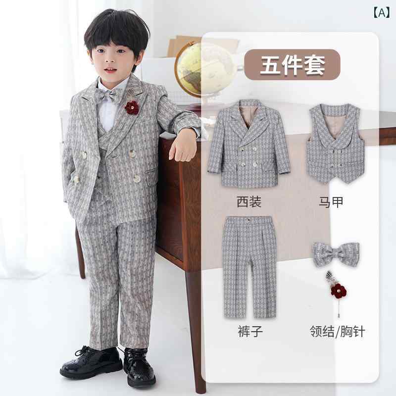 スーツ 男の子 セット イギリス風 紳士 フォーマル 礼服 条紋柄 長袖 グレー 黒 秋冬 ポリエステル混紡 柔らかい素材 誕生日パーティー 卒業式 公演 撮影用 短め丈 4,558円