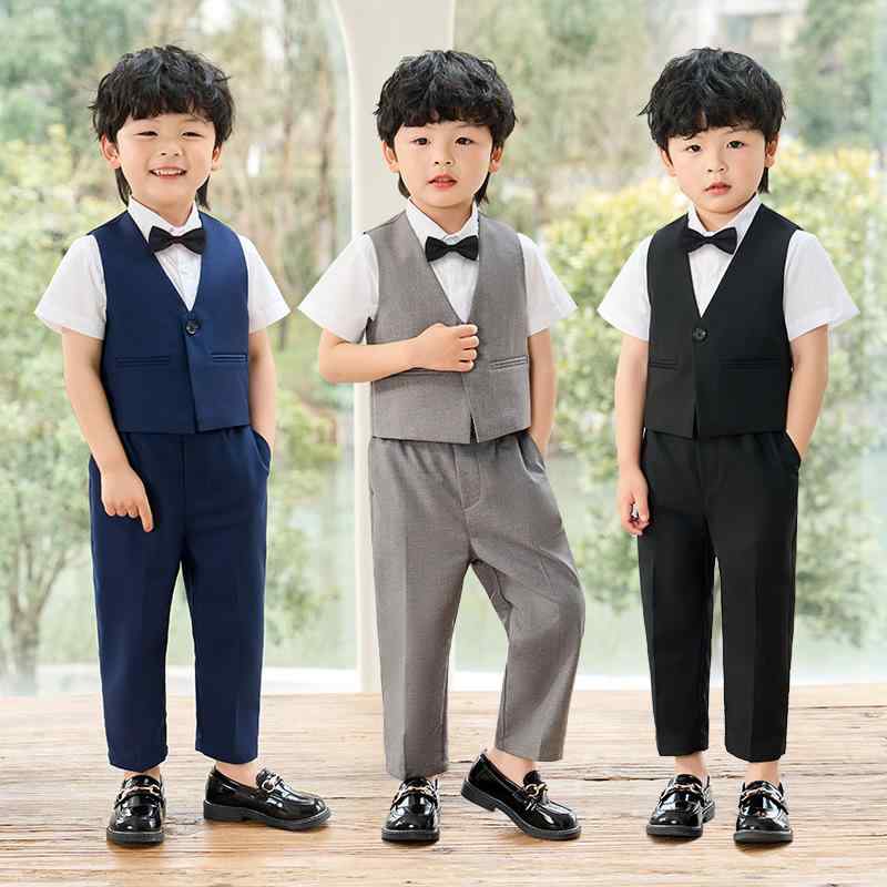 スーツ 男の子 春夏 英国風 ベスト セット 半袖 シャツ 長ズボン ネクタイ ポリエステル グレー ネイビー 黒 柔らかい 演出 司会 合唱 ショー 写真撮影 誕生日 パーティー 宴会 婚礼 正装