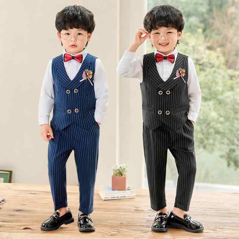 礼服 男の子 ストライプ柄 ベスト 長袖シャツ 長ズボン 領結 胸花 セット 春秋 黒 ネイビー ポリエステル混紡 酵素洗 英国風 かわいい かっこいい イベント 合唱 公演