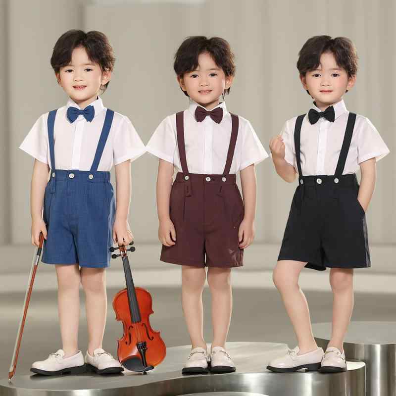 男の子 半袖シャツ サスペンダー ショーツ ボウタイ セット 夏 幼稚園 公演 誕生日 パーティー服 イギリス風 無地 薄手 ポリエステル かわいい おしゃれ フォーマル 幼児