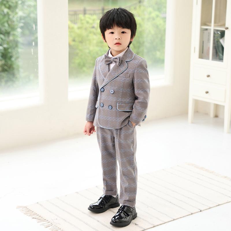 スーツ 男の子 キッズ チェック柄 英倫風 秋冬 フォーマル セット 長袖 ダブルブレスト ポリエステル グレー 誕生日 パーティー 演出 礼服 紳士スタイル 柔軟素材 普通厚