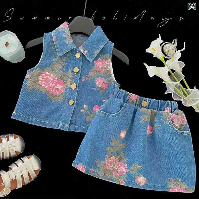 女の子 セット 夏 デニム ノースリーブ 花柄 トップス ショートスカート コットン 薄手 柔らかい カジュアル プリンセス ガーデン プリント かわいい 普段使い 遊び着 欧米風 トレンド