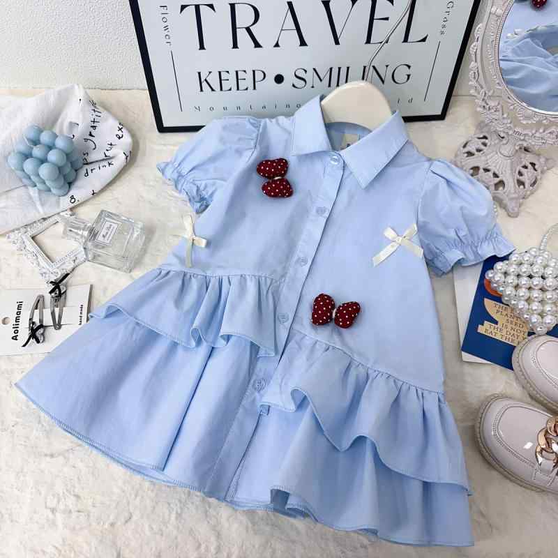 ワンピース 女の子 夏 半袖 綿 蝶結び プリンセススカート Aライン かわいい ブルー 韓国 子供服 3歳から8歳 普段使い 軽やか ふんわりシルエット