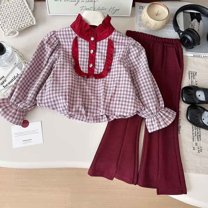 長袖シャツ 女の子 レトロ チェック柄 ロングパンツ セット コットン 秋 韓国 かわいい ビンテージ プラッド 普段使い オシャレ 綿混 カジュアル スタイル 柔らかい