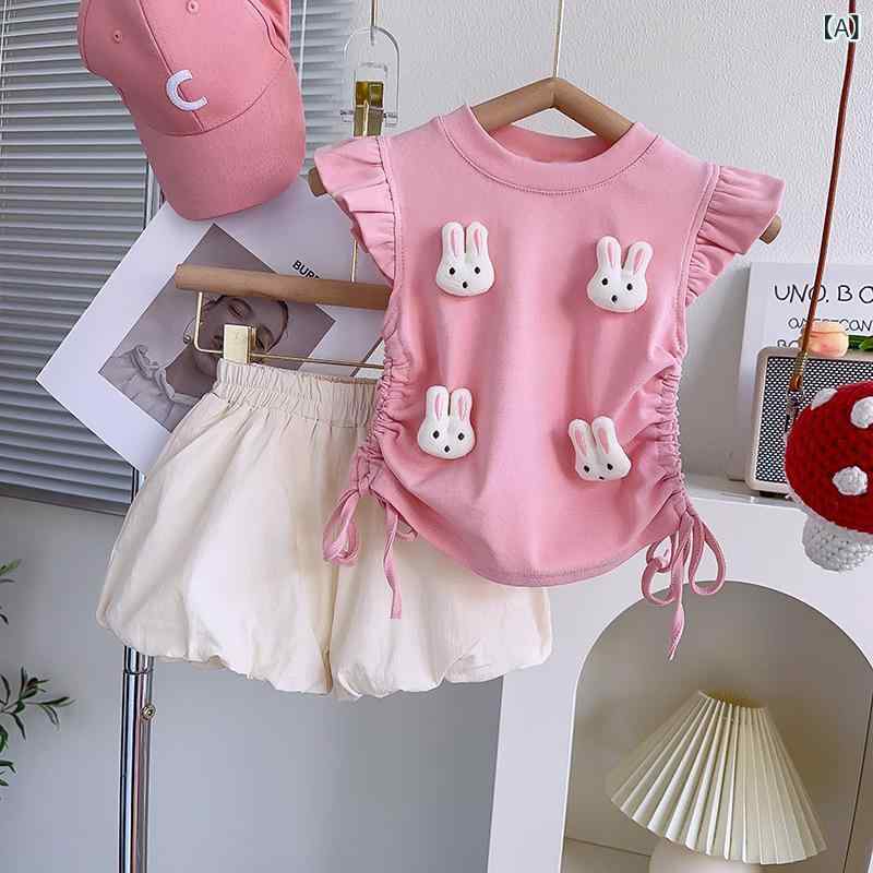 女の子 キッズ 半袖 Tシャツ スカートパンツ セット 夏 かわいい 小ウサギ プリント コットン 素材 ピンク ベージュ 韓国 普段使い 遊び着 カジュアル 柔らかい 軽やか