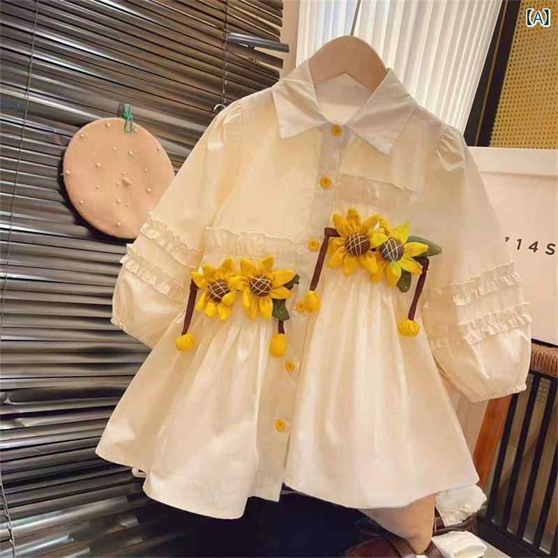 ワンピース 女の子 長袖 学院風 花柄 プリンセススカート かわいい Aライン 綿ポリエステル混 柔らかい生地 ベージュ 春夏秋 普段使い