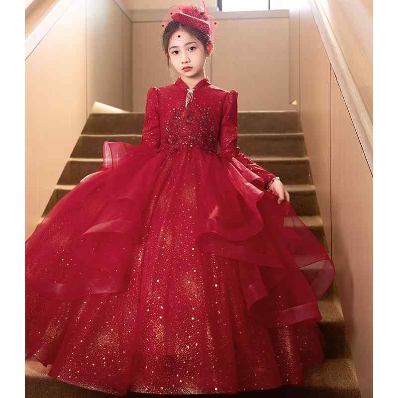 女の子 ドレス プリンセス かわいい ワインレッド グレー シャンパン オールシーズン ポリエステル プリーツ コーティング シアー 酵素洗い パーティー 誕生日会 ピアノ発表会 演奏服