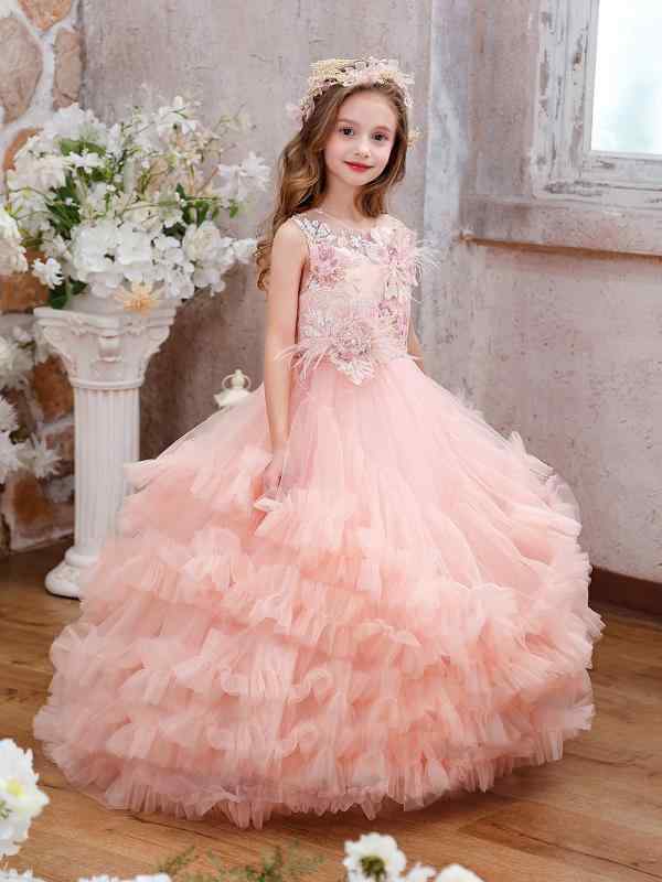 プリンセスドレス 女の子 かわいい ピンク ロング トレイン レース チュール 蝶結び 花飾り 高級感 誕生日パーティー ステージ衣装 子供 発表会 ピアノ公演 オールシーズン