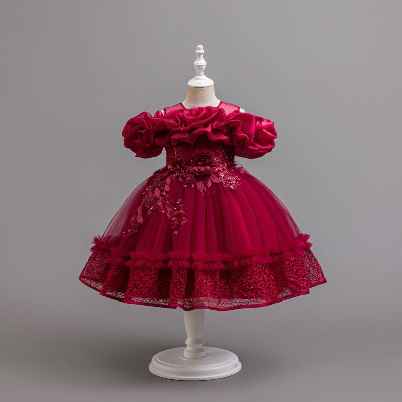 ドレス 女の子 オフショルダー プリンセス チュール フラワーガール ウェディング ふんわりスカート 花柄 レース かわいい 欧米風 ポリエステル混紡 綿裏地 オールシーズン 白 杏 ピンクベージュ