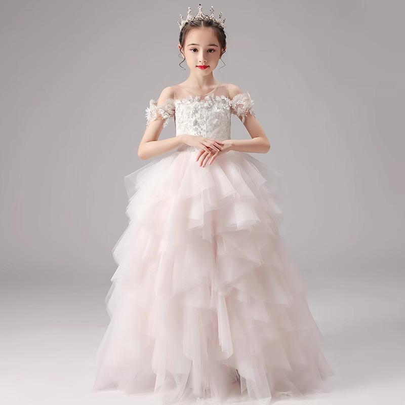 ドレス 女の子 オフショルダー プリンセス チュールスカート 演奏会 パーティー 秋 ピンク 白 ポリエステル かわいい ステージ 女の子 礼服 ファンタジー 風 ロングドレス