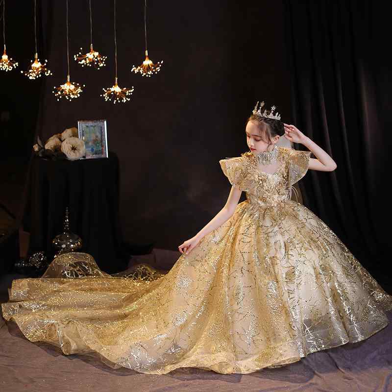 ドレス 女の子 プリンセス トレーン ふわふわ チュールスカート かわいい 欧米風 トレンド 誕生日パーティー ステージ 衣装 ランウェイ オールシーズン ポリエステル 素材 軽量 酵素洗い