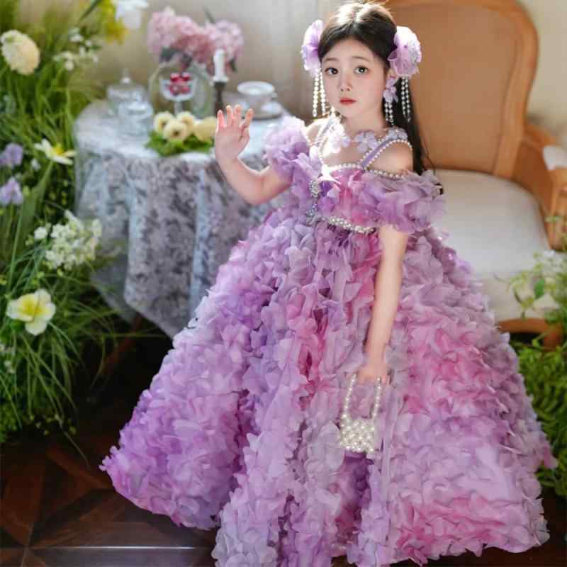 プリンセスドレス 女の子 森ガール 花柄 フレンチスタイル 誕生日パーティー ステージ衣装 レース リボン チュール プリント ポリエステル混 麻混 オールシーズン ラベンダー グリーン かわいい 幼児 キッズ