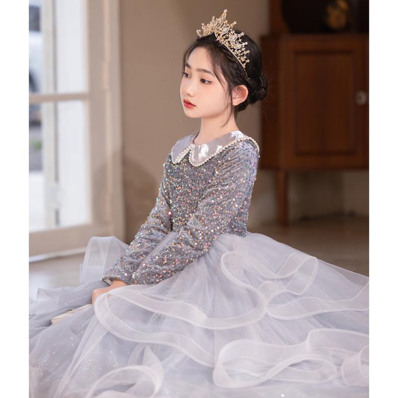 プリンセスドレス 女の子 子供 礼服 フレンチスタイル 春 プリンセス 高級感 銀灰 プリーツ加工 コーティング加工 ポリエステル混紡 オールシーズン 誕生日パーティー 発表会 ピアノ演奏 演出服