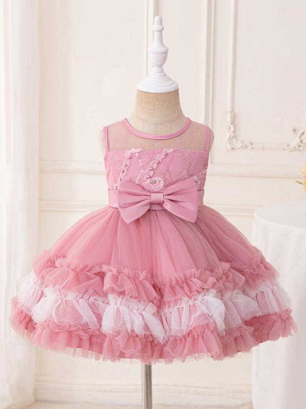 ワンピース 女の子 プリンセスドレス チュール レース リボン ウェディング フォーマル パーティー かわいい ベビー キッズ ポリエステル 混紡 オールシーズン ピンク シャンパン 白