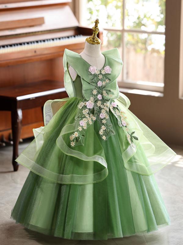 ドレス 女の子 プリンセス フレア 緑 ポリエステル 誕生日 パーティー 結婚式 フラワーガール ステージ 衣装 発表会 ふわふわ かわいい 普段使い オールシーズン