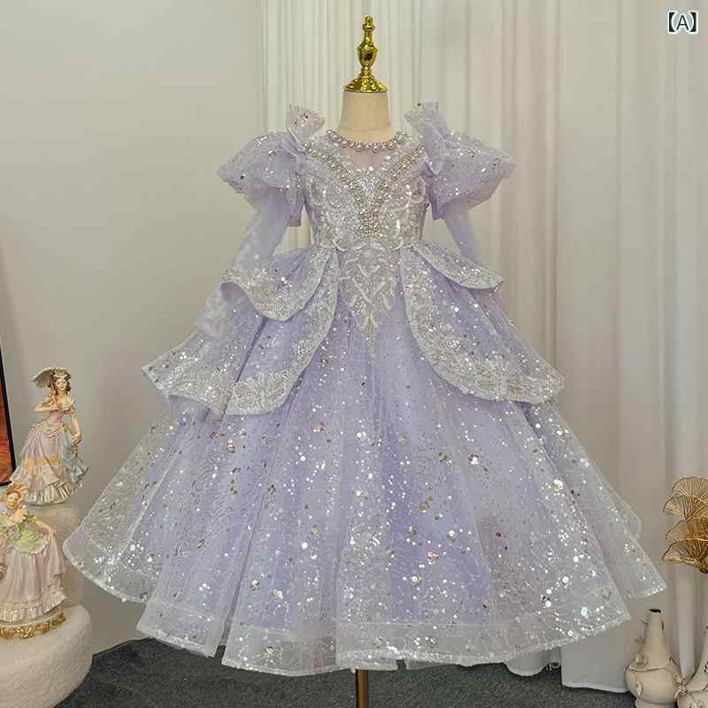 プリンセスドレス 女の子 結婚式 フラワーガール 誕生日パーティー ピアノ発表会 エレガント レース ストライプ ボヘミアン ナチュラル リボン ポリエステル混紡 麻裏地 紫 半袖 オールシーズン 高級感