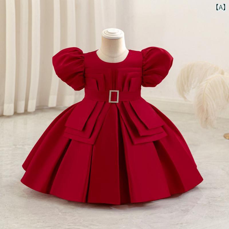 ワンピース 女の子 プリンセス ドレス 半袖 礼服 誕生日 パーティー 子供 かわいい 楽しい おしゃれ チュール プリーツ ポリエステル 混紡 綿 裏地 赤 白 紫 ベビー キッズ 柔らかい