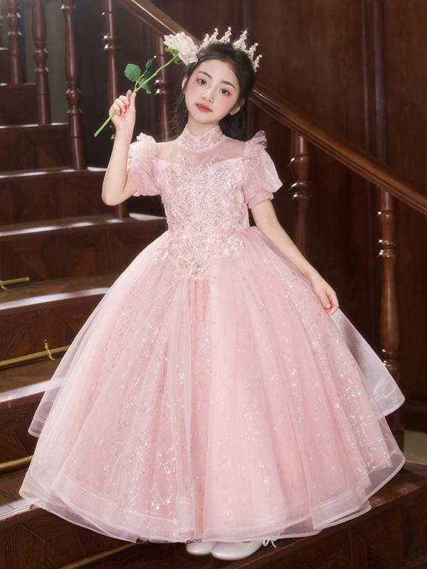 イブニングドレス 女の子 プリンセス 夏 半袖 スパンコール 高級感 ピンク シャンパン ポリエステル混紡 プリーツ 演奏会 パフォーマンス ステージ 子供 パーティー 司会 ピアノ かわいい